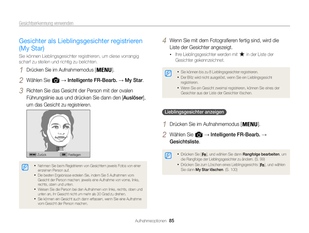 Samsung WB850F, WB855F manual Gesichter als Lieblingsgesichter registrieren My Star, Lieblingsgesichter anzeigen  